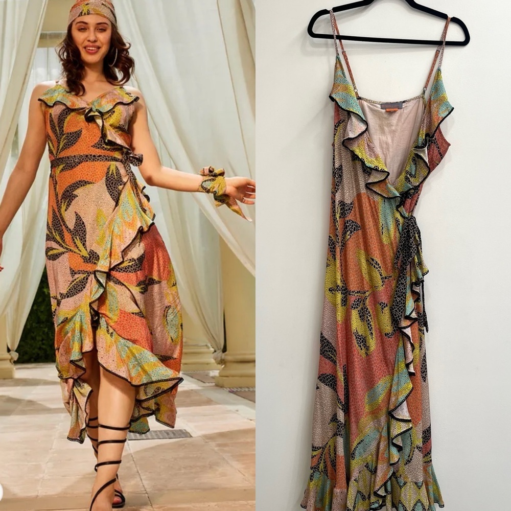 Anthropologie BHANUNI by Jyoti Kathryn Ruffled Wrap Maxi Dress Mosaic Size 16 - Picture 4 of 14
